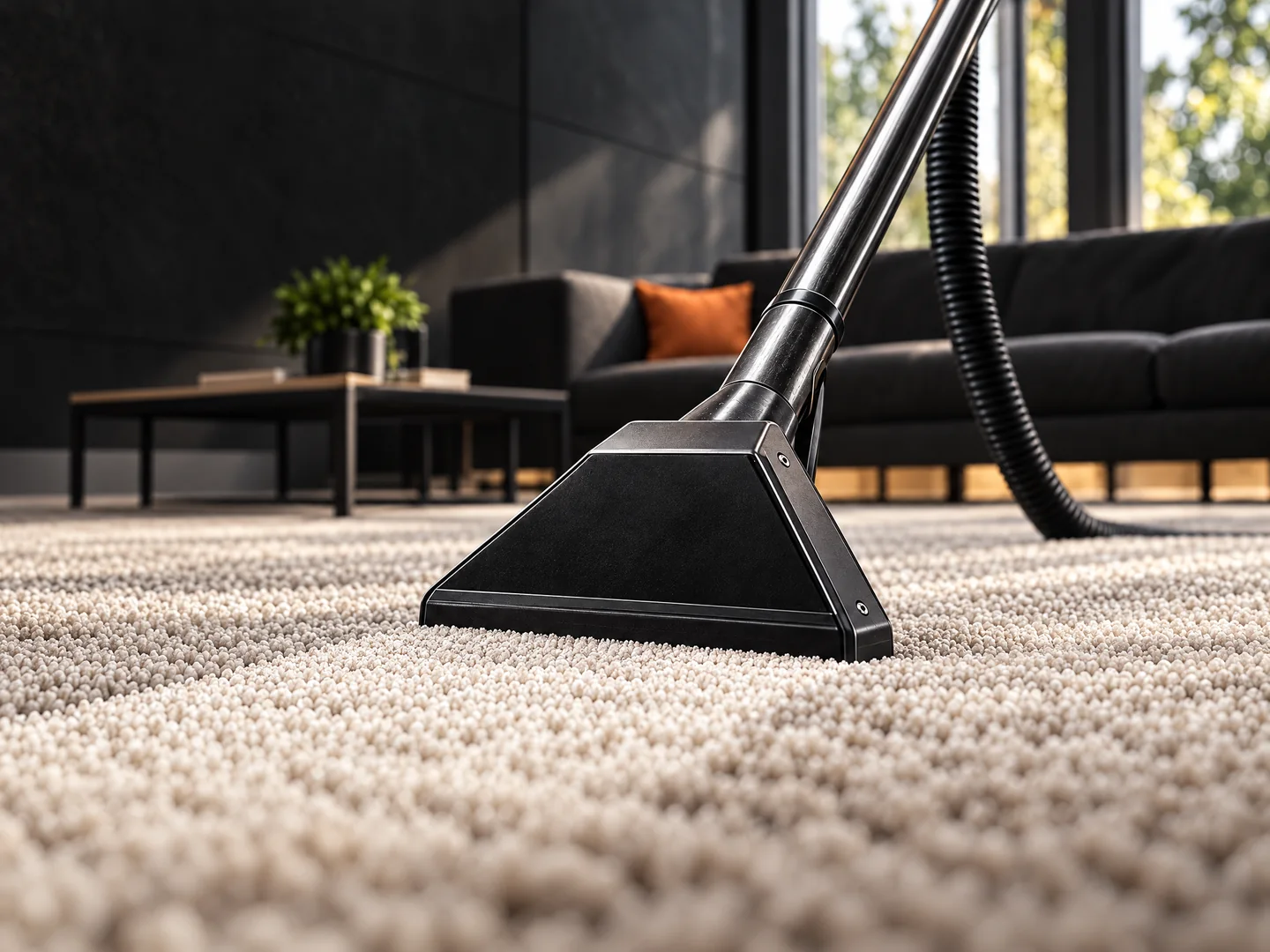 Carpet-cleaning nozzle on a textured carpet in a warm modern interior