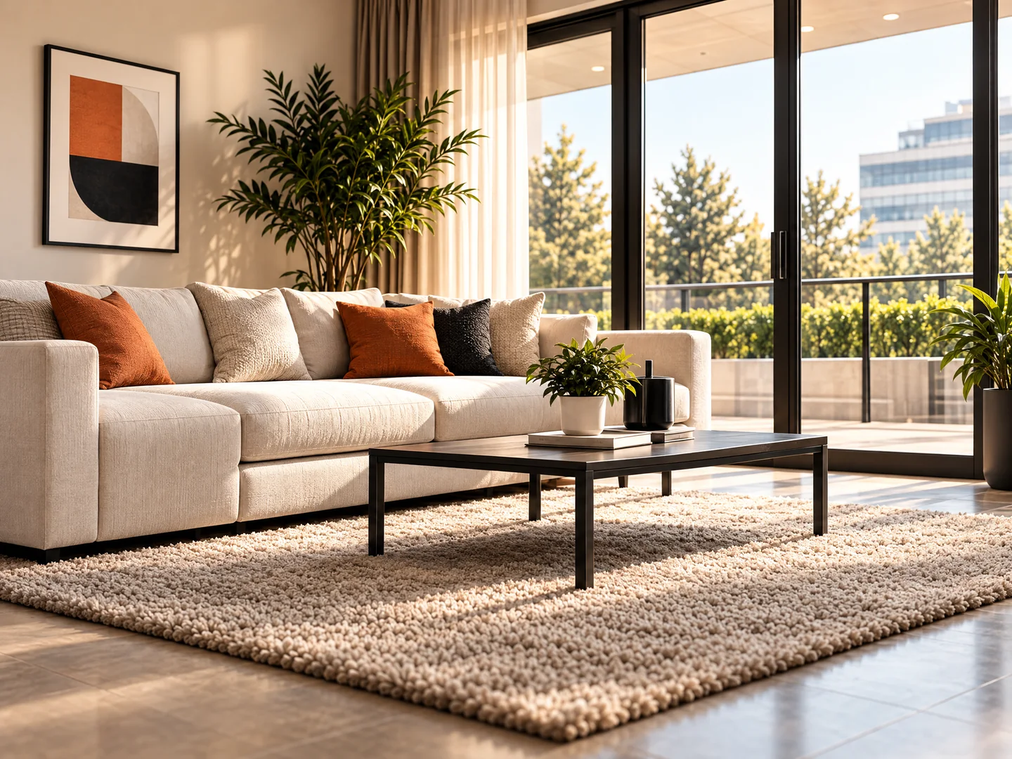 Warm living room with a cream sofa, rug, and burnt-orange cushions