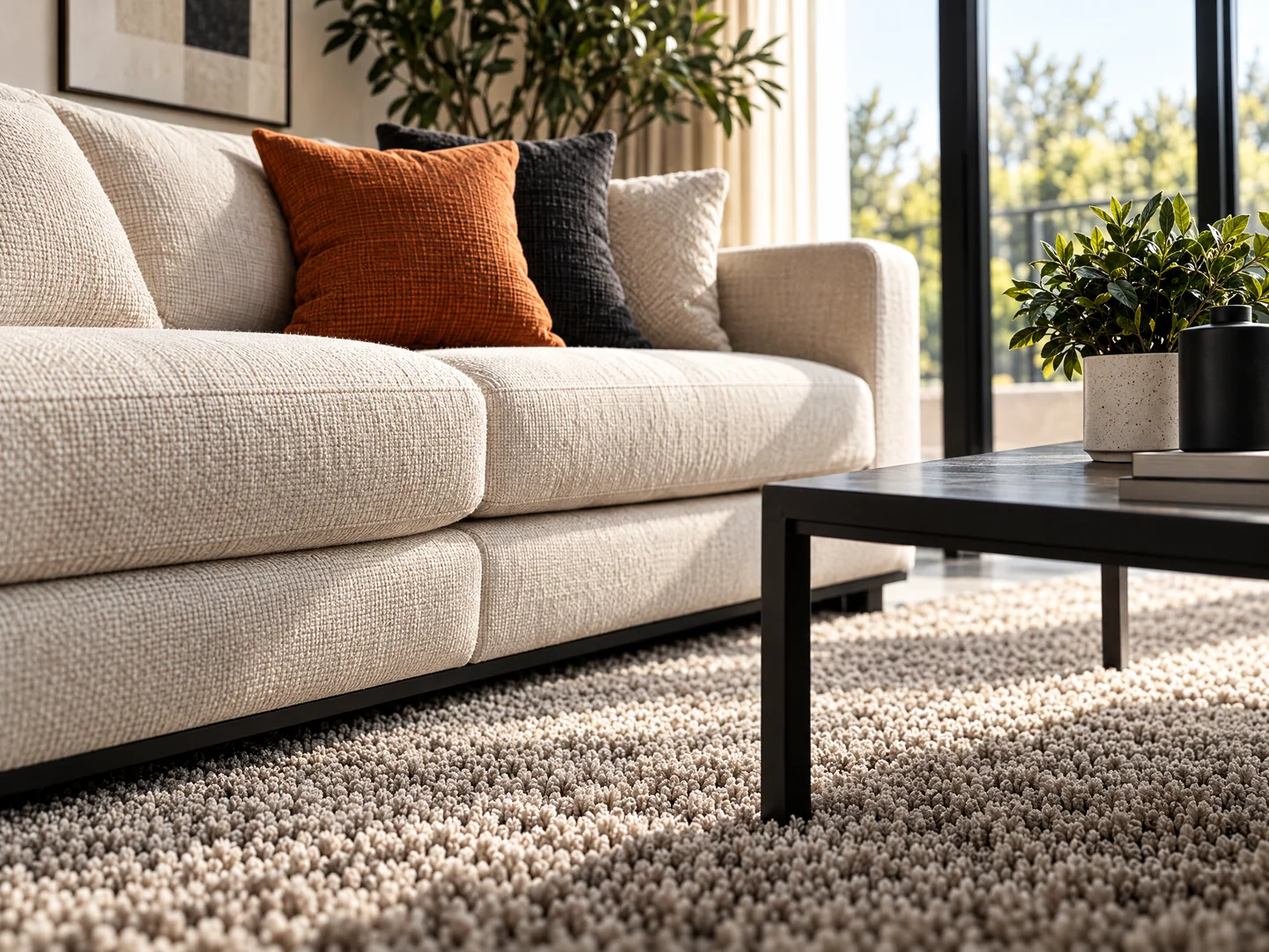 Cream upholstery and a textured neutral carpet in a sunlit room